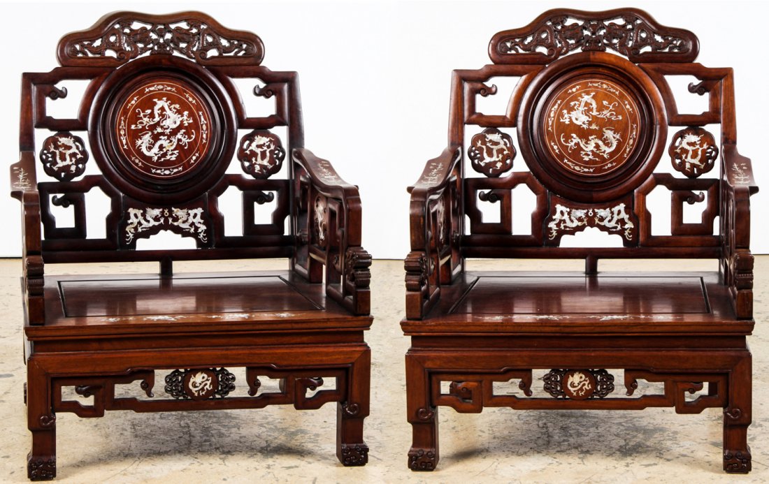 Pair Chinese Nacre Inlaid Hardwood Chairs: Pair Chinese Nacre Inlaid Hardwood Throne Chairs. Summit, New Jersey estate. Size: 33" x 27" x 27", 84 x 69 x 69 cm (each).
