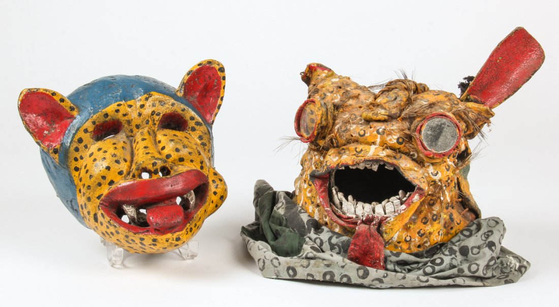 2 Vintage Mexican Tigre Dance Masks: 2 Vintage Mexican Tigre Dance Masks. Largest Size: 12" x 12" x 8" (31 x 31 x 20 cm). Prov: Richard and Jean Kellaway.