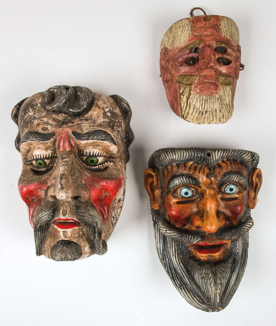 3 Vintage Mexican Festival Moors and Christians Masks: 3 Vintage Mexican Festival Moors and Christians Masks. Largest Size: 11" x 8" x 7" (28 x 20 x 18 cm). Prov: Richard and Jean Kellaway.