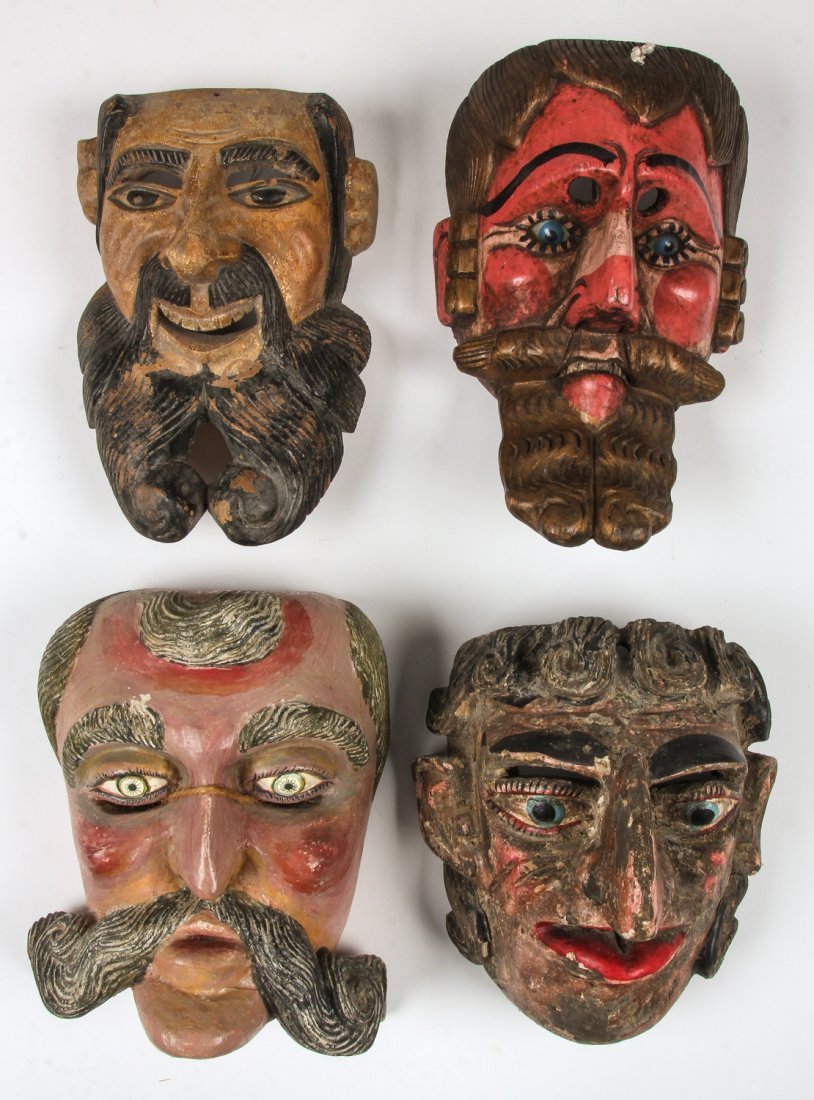 4 Vintage Mexican Festival Moors and Christians Masks: 4 Vintage Mexican Festival Moors and Christians Masks. Largest Size: 11" x 8" x 5.5" (28 x 20 x 14 cm). Prov: Richard and Jean Kellaway.