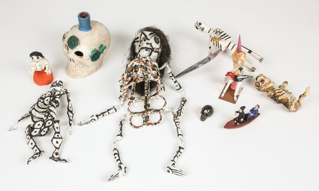 8 Mexican Day of the Dead Bibelots: 8 Mexican Day of the Dead Bibelots. Including a Manuel Jimenez figure. Largest Size: 18" x 6" x 4" (46 x 15 x 10 cm). Prov: Richard and Jean Kellaway.