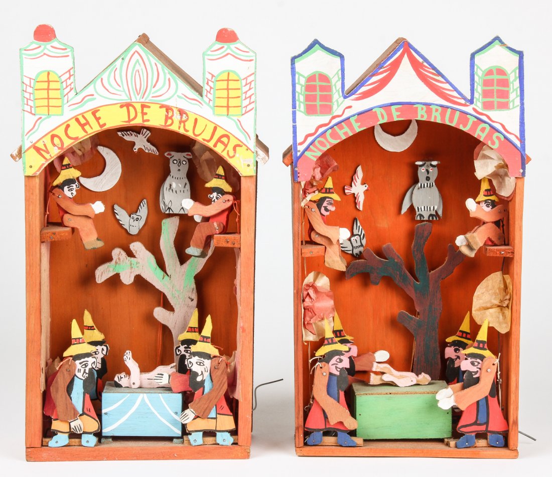 2 Mexican Noche De Brujas Kinetic Dioramas: 2 Mexican Noche De Brujas Kinetic Dioramas. Painted wood. Each Size: 17" x 9.5" x 4" (43 x 24 x 10 cm). Prov: Richard and Jean Kellaway.