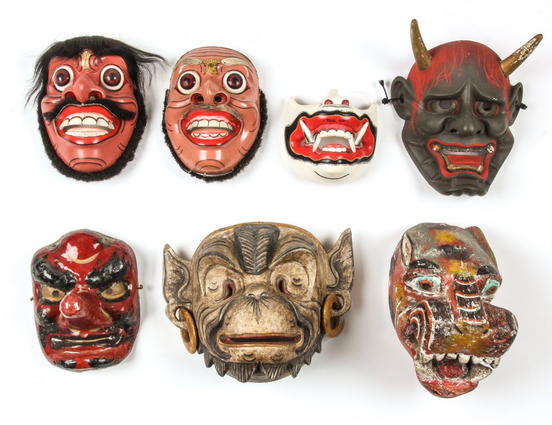 7 Vintage Indonesian Masks: 7 Vintage Indonesian Masks. Largest Size: 9" x 11" x 6" (23 x 28 x 15 cm). Prov: Richard and Jean Kellaway.