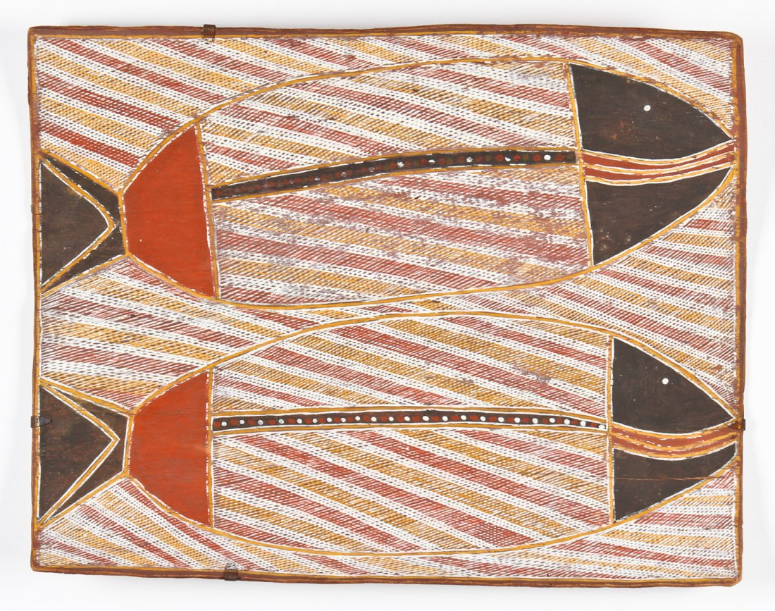 Aboriginal Bark Painting: Aboriginal Bark Painting. Accompanying COA from Padanus Gallery, Queensland dates piece to 1960's. Size: 25" x 20" (64 x 51 cm). Provenance: Suburban Philadelphia Estate.