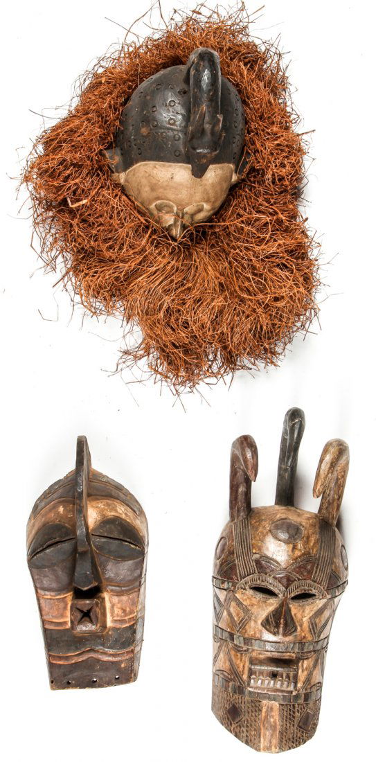 3 African Masks: 3 African Masks. Songye, Biombo, Baule. Largest Size: 26" x 10.25" x 7.5" (66 x 26 x 19 cm).