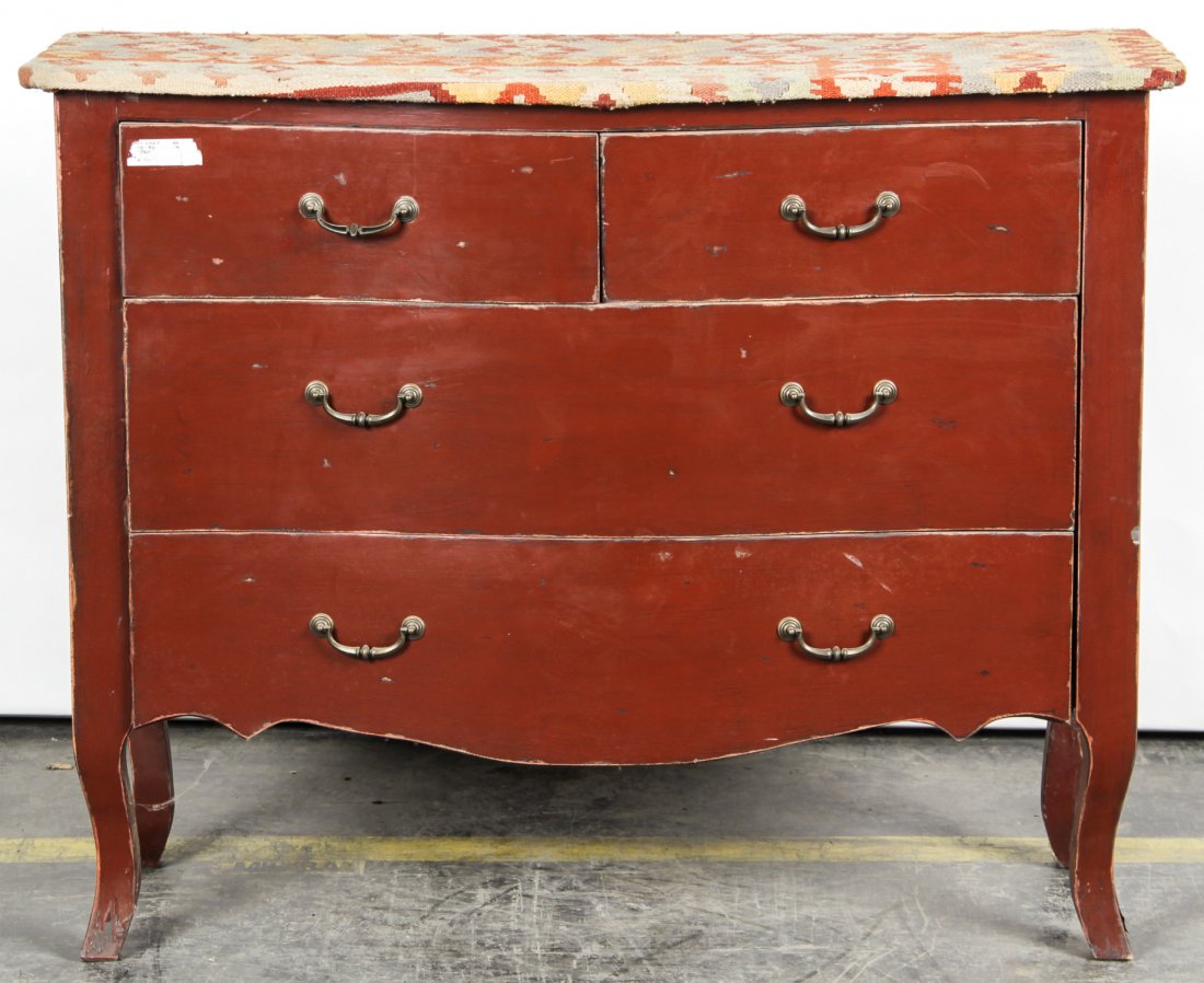 Kilim Top Commode: Kilim Top Commode. Painted with textile clad top. Size: 38" x 47" x 18.5" (97 x 119 x 47 cm).