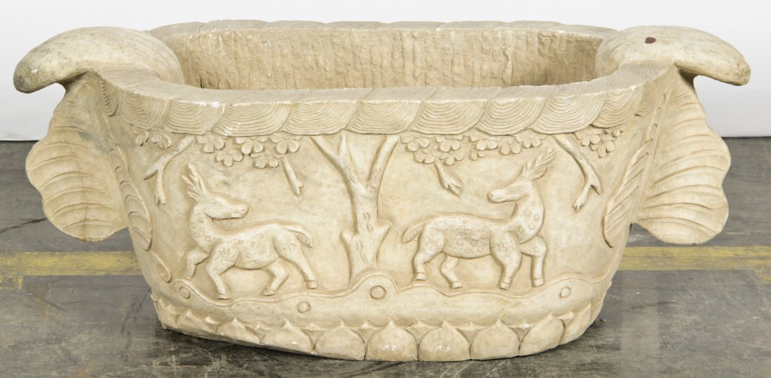 Relief Carved Stone Planter.: Relief Carved Stone Planter. Chinese. Size: 15.5" x 38" x 16" (39 x 97 x 41 cm).