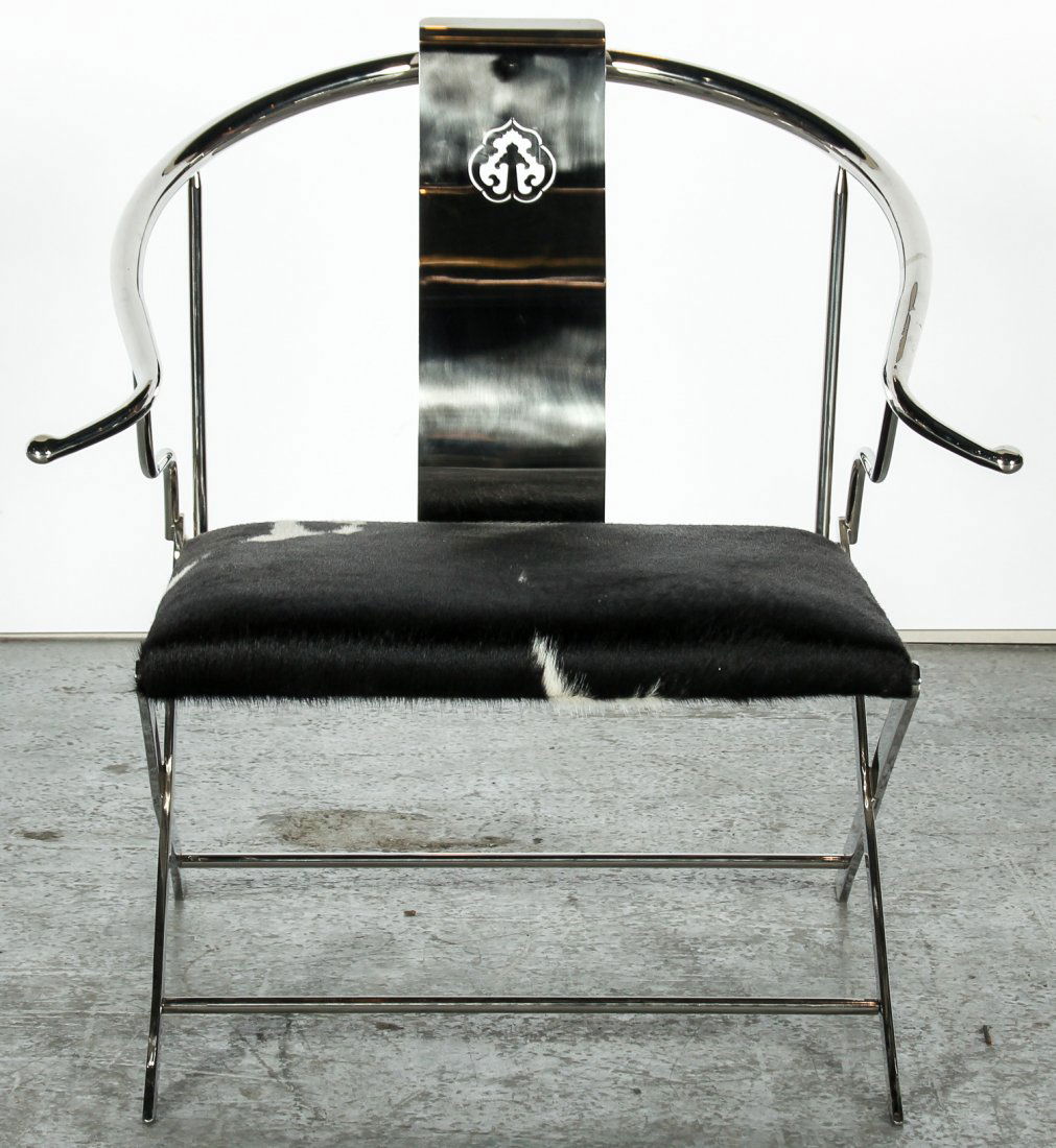Modern Chinese Metal Armchair with Cowhide Seat (1 of 4)