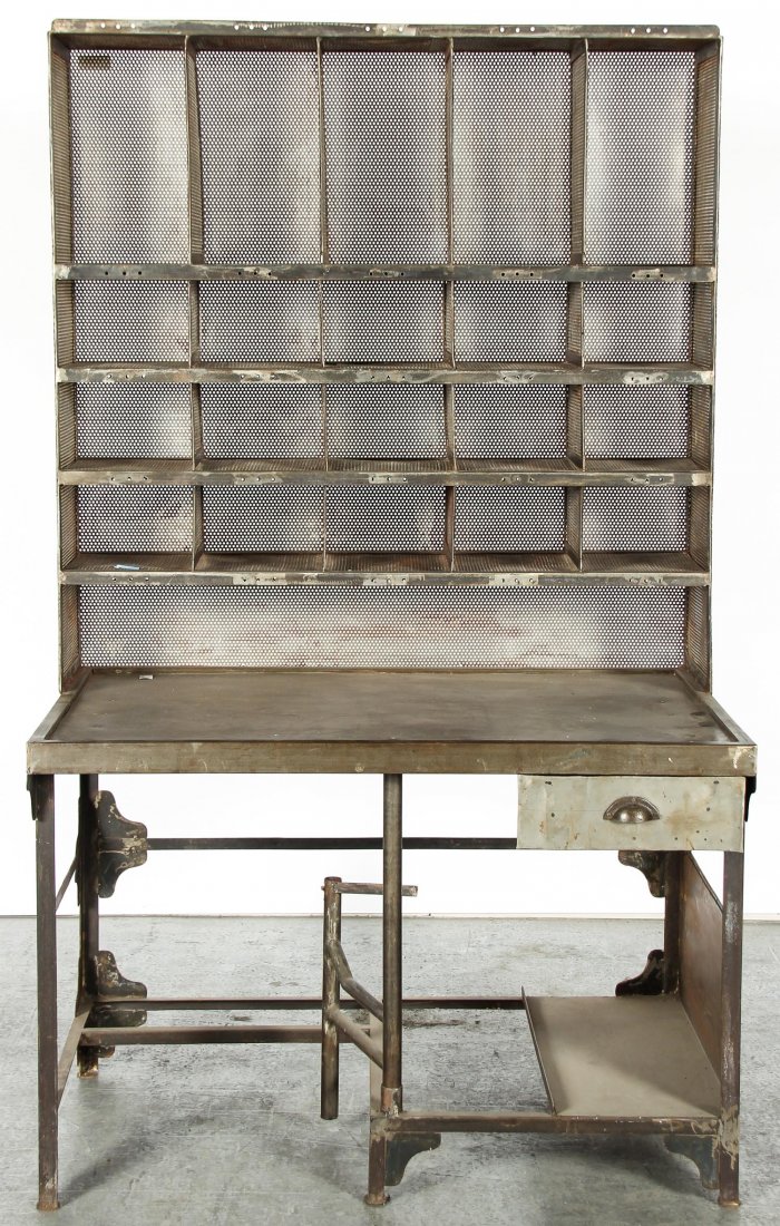Reinterpreted Postal Office Desk: Reinterpreted Postal Office Desk. Known as the "Rain Sleet, or Snow" Cabinet. After the original. Missing stool. Size: 76.25" x 45.25" x 30" (194 x 115 x 76 cm).