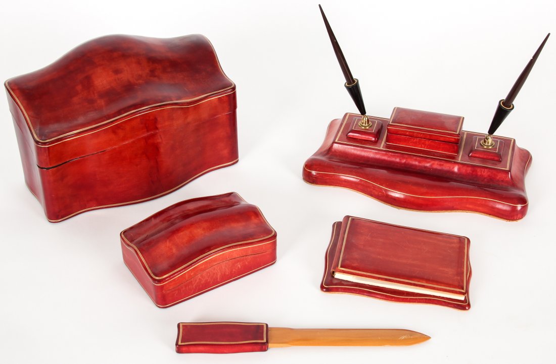 Italian Cartier Style Leather Clad Desk Set. (1 of 4)