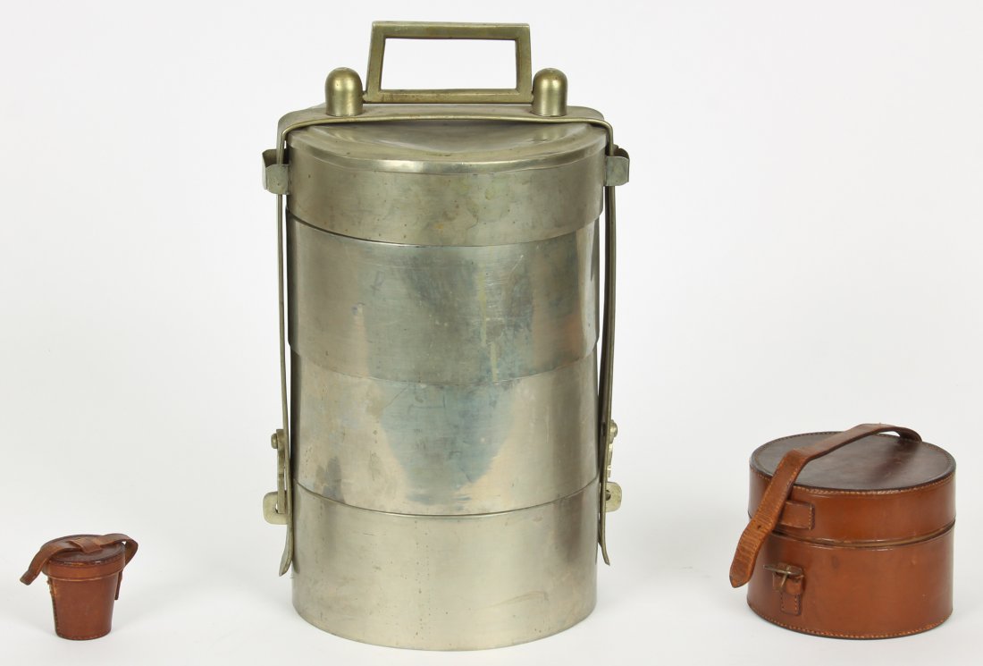 Vintage English Abercrombie and Fitch Style Lunchtime: Vintage English Abercrombie and Fitch Style Lunchtime Accessories. Including an electric hot plate with boil pot in leather case, a thimble form jigger in a leather case, and a stacked dish lunch pail
