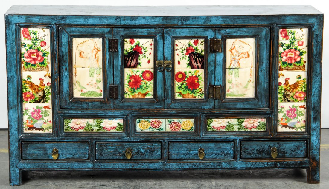Chinese Blue Lacquer and Tile Sideboard Cabinet (1 of 6)