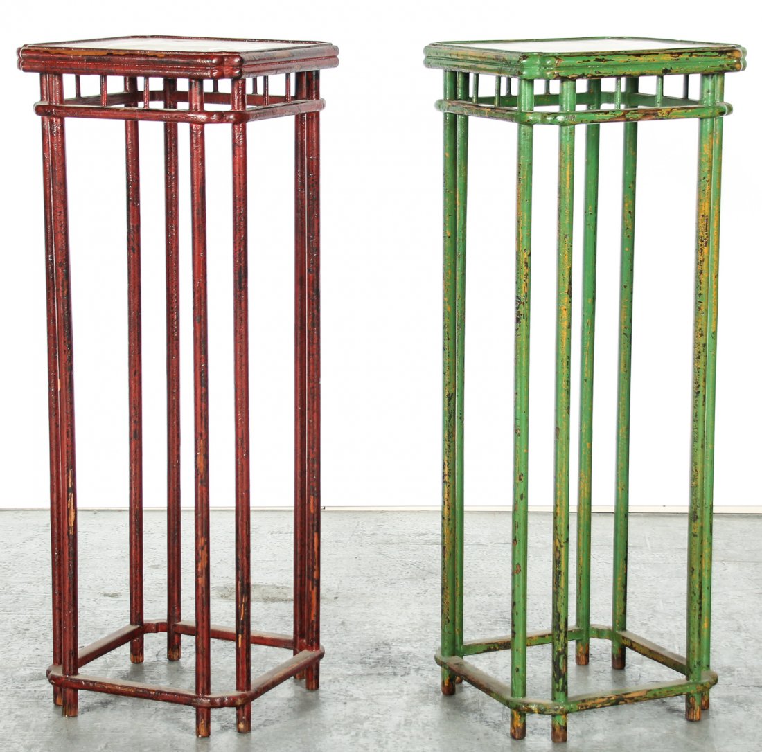 2 Tall Chinese Red/Green Lacquer Plant Stands (1 of 4)