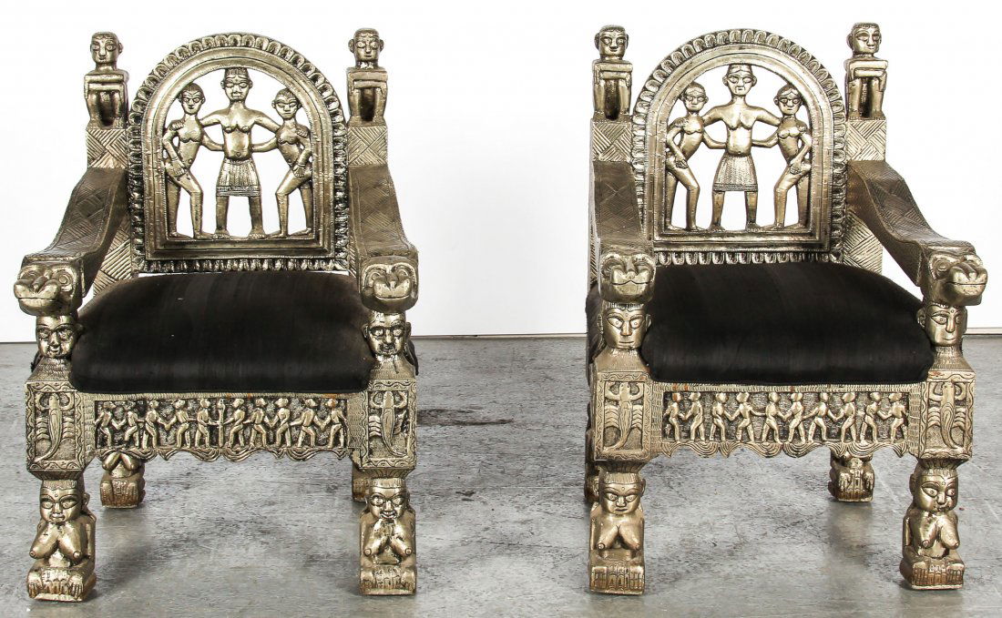 Pair of Carved and Hammered Metal Throne Chairs (1 of 5)