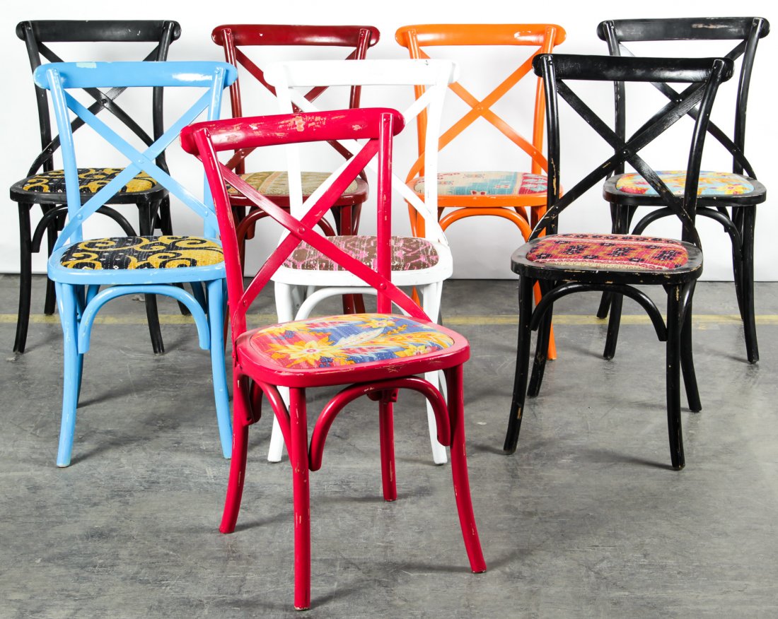 8 Modern Painted Bentwood Chairs: Modern Painted Bentwood Chairs. After Thonet, upholstered in Kantha quilt material. Size: 89" x 49" x 48" (35 x 19.5 x 19 cm).