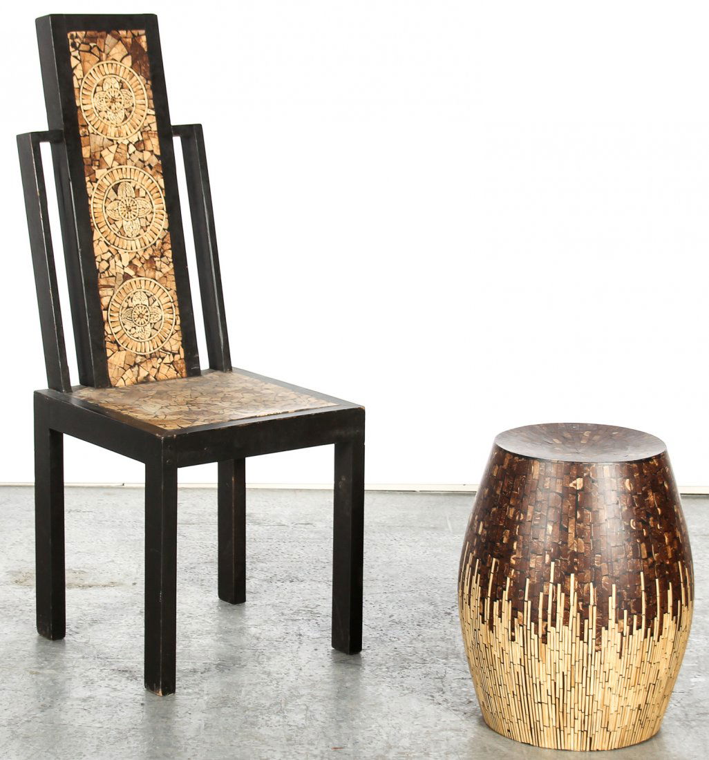 Modern Asian Inlaid Wood Chair and Stool (1 of 4)