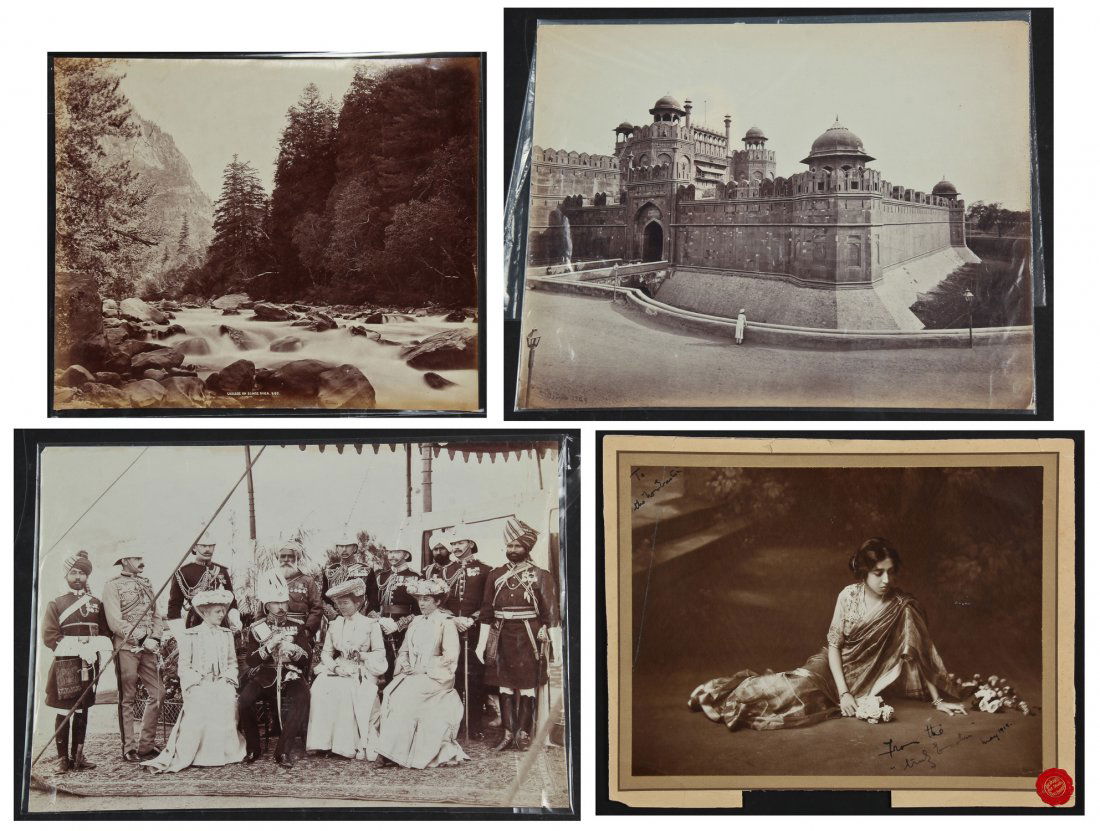 Samuel Bourne (1834-1912) and Others, 4 Images of India: Samuel Bourne (1834-1912) and Others, 4 Images of India, including 1) Samuel Bourne's Cascade on Scinde River, C. 1866. Albumen print. 9.5" x 11.25", 24 x 29 cm (sheet). Signed and titled in negative