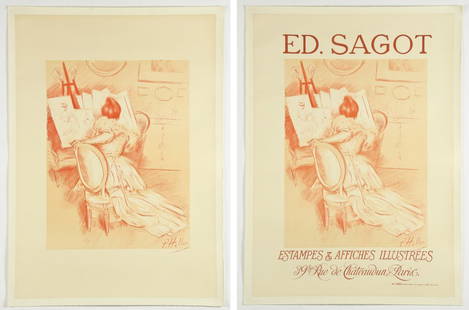 2 Paul Helleu for Ed. Sagot Advertising Posters: 2 Paul C. Helleu for Ed. Sagot Advertising Posters. In 2 states, unlettered and lettered. Depicting a discerning patron in contemplation of a purchase at Sagot's print shop. Sizes: 41.5" x 29.5", 105