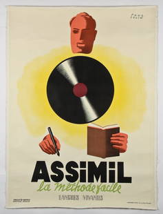 Original Paul Colin Assimil Advertising Poster: Original Paul Colin Assimil Advertising Poster. Circa 1930's. Produced by Publicete Vanypeco, Brussels and printed by Imprimerie Marci. Advertising the still operational language learning program.