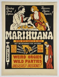 Marihuana: Weed With Roots in Hell Movie Poster: Marihuana: Weed With Roots in Hell Movie Poster. Roadshow Attractions, 1936. One sheet, linen backed. Size: 37" x 27.5", 94 x 70 cm (sheet); 39" x 29.5", 99 x 75 cm (linen backing).