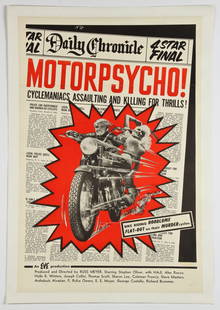 Vintage Russ Meyer Motorpsycho! Movie Poster: Vintage Russ Meyer Motorpsycho! Movie Poster. Eve Productions 1965. Folded, linen backed. Size: 40.5" x 27.25", 103 x 69 cm (sheet); 43.5" x 30.25", 110 x 77 cm (linen backing).