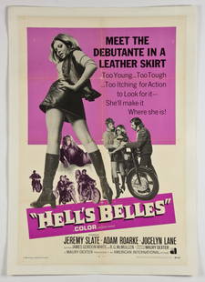 Vintage 1968 Hell's Belles Movie Poster: Vintage 1968 Hell's Belles Movie Poster. American International Pictures. Folded, linen backed. Size: 40.5" x 27.5", 103 x 69 cm (sheet); 43.5" x 30.5", 110 x 77 cm (linen backing).