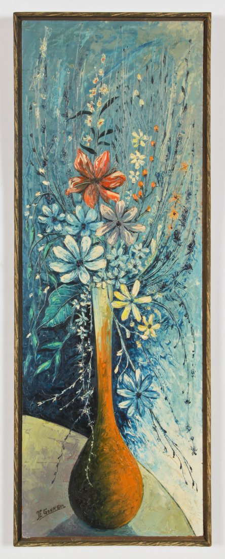 Jacques Gourgue (Haitian, 1930-1996): Jacques Enguerrand Gourgue (Haitian, 1930-1996) Still Life with Flowers, oil painting on board. Size: 32" x 12", 81 x 30 cm (board); 33" x 13", 84 x 33 cm (frame).
