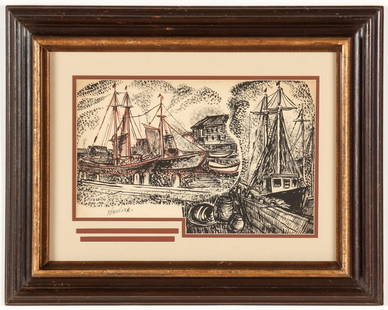 David Burliuk (American/Ukrainian, 1882-1967): David Burliuk (American/Ukrainian, 1882-1967) "Gloucester, Massachusetts", 1928, ink and crayon on illustration board, signed 2 times. Size: 9.5'' x 14.25'', 25 x 36.5 cm (sight), 18.25'' x 23'',