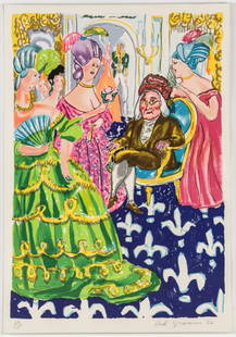 Red Grooms (American, b. 1937) "Franklin's Reception at: Red Grooms (American, b. 1937) "Franklin's Reception at the Court of France", 1982, color silkscreen, from an edition of 125, (Knestrick, 93). Size: 45.5" x 31.5" x 1.5", 116 x 80 x 4 cm (plexibox