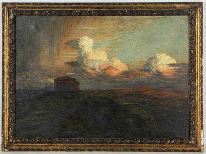 French School (19th c.) Landscape with Ancient Ruins: French School (19th c.) Landscape with Ancient Ruins, oil painting on canvas, signed illegibly. Size: 35.5" x 51", 90 x 130 cm (stretcher); 43" x 58", 109 x 147 cm (frame).