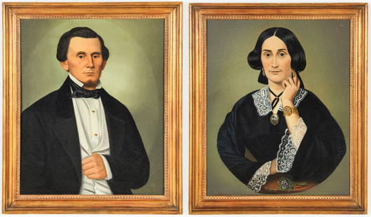 Pair Antique American Male/Female Portraits: Pair Antique American Male/Female Portraits, oil paintings on canvas. Each Size: 28.75" x 23.5" (stretcher); 33.5" x 28.25" (frame). Upper Gwynedd, PA, estate.