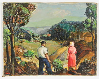 Glen Ranney (American, 1896-1959) Oil Painting: Glen Ranney (American, 1896-1959) "Valley Farms". Oil painting on canvas. Size: 22" x 28", 56 x 71 cm (stretcher).