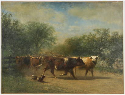 James McDougal Hart (American, 1828-1901) Painting: James McDougal Hart (American, 1828-1901) Cattle on a Country Road, oil painting on canvas, signed. Size: 42" x 56.5", 107 x 144 cm (stretcher). Provenance: Private collection.