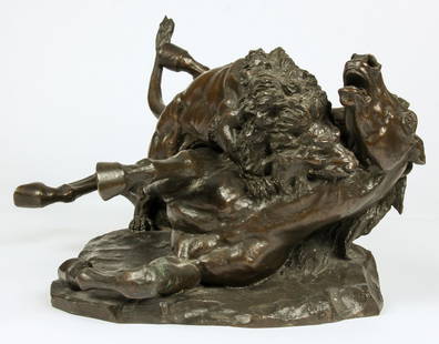 Augusto Rivalta (Italian, 1838-1925) Bronze Statue: Augusto Rivalta (Italian, 1838-1925) Bronze Statue of a Lion attacking a Horse. Markings: Fond. G. Vignali, Firenze. Size: 12" x 24" x 16", 30 x 61 x 41 cm.