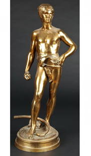 David Avant Le Combat Bronze Figure: David Avant Le Combat Bronze Figure. Signed A Mercie. Foundry Barbedienne. Size: 32" x 13" x 11" (81 x 33 x 28 cm).