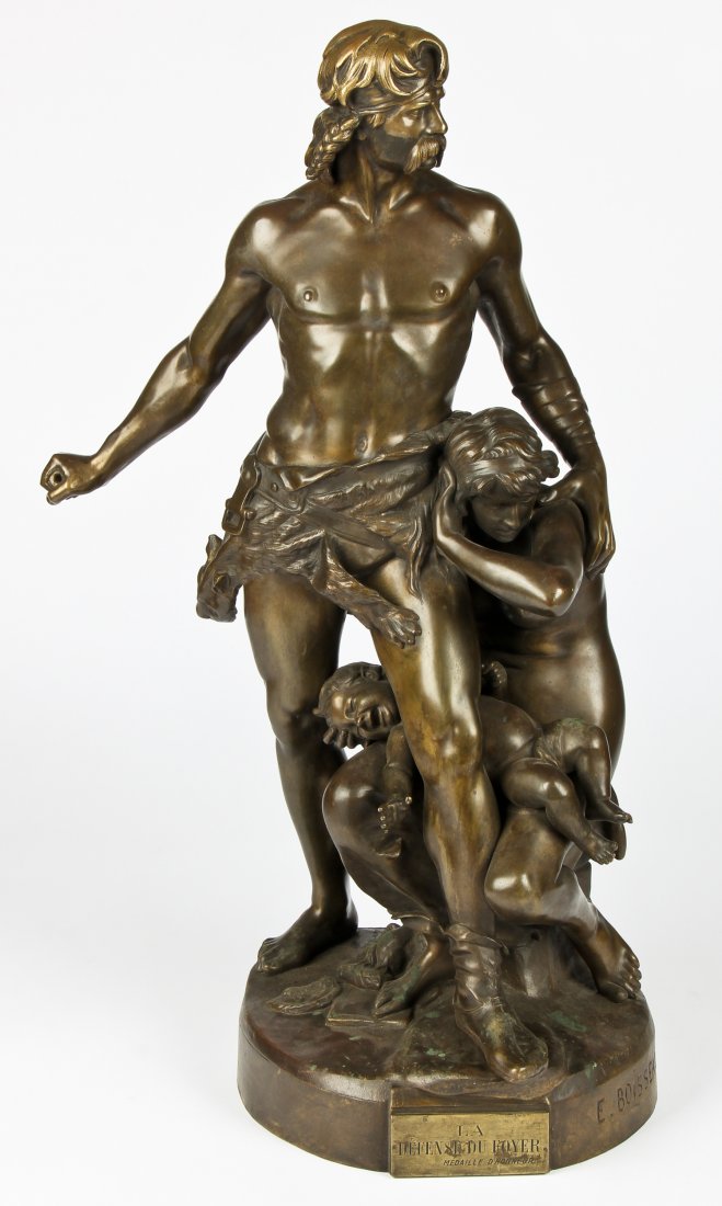 Emile-Andre Boisseau (French, 1842-1923) Bronze Statue: Emile-Andre Boisseau (French, 1842-1923) "La Defense du Foyer", bronze statue. Size: 29" x 17" x 11" (74 x 43 x 28 cm).