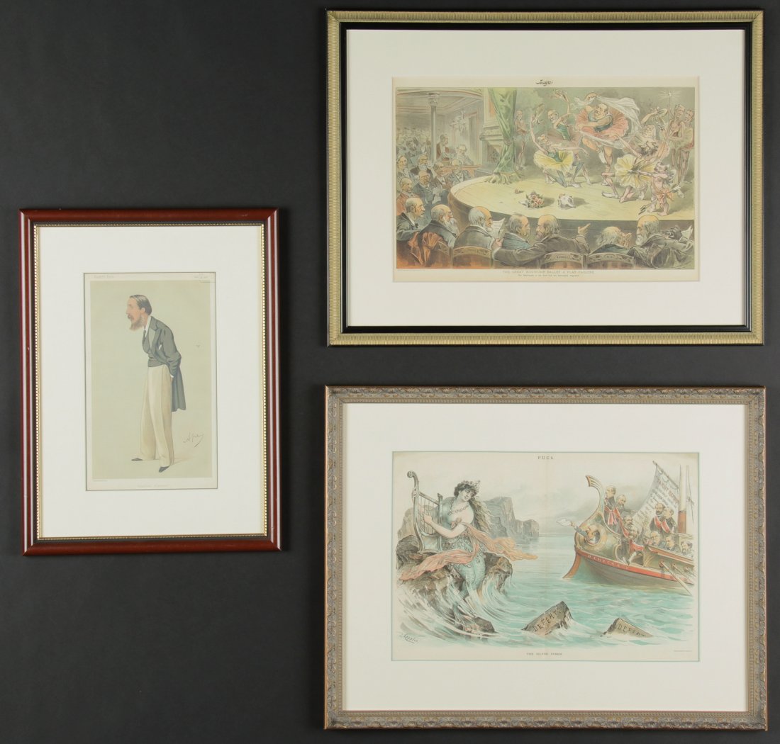 Group of 3 Framed Lithographs: Group of 3 Framed Lithographs: including Political cartoon "The Great Mugwump Balletäó_" by Zimmerman, from Judge magazine; Political print from "Puck" magazine; "The Silver Syren" by Keppler; An il