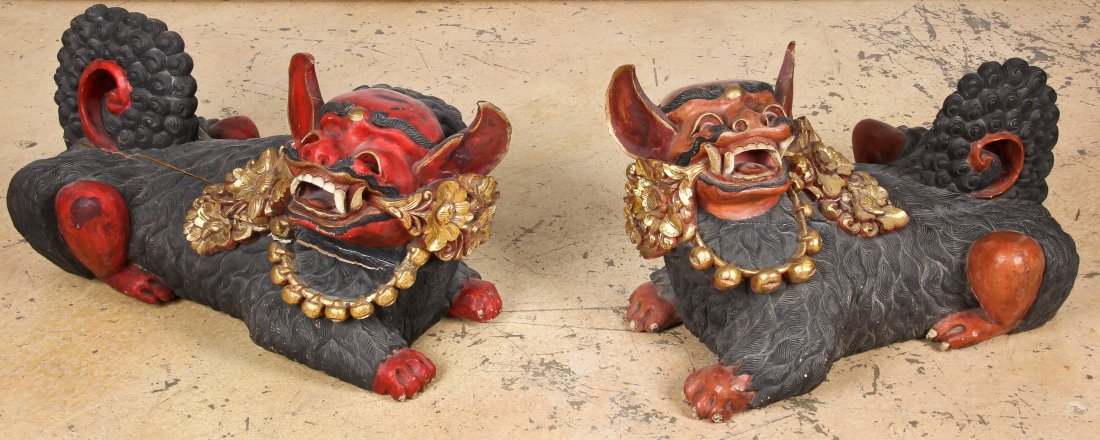 Pair Large Carved Wood Foo Dogs: Pair Carved Wood Foo Dogs, polychrome, early/mid 20th c. Each Size: 23" x 42" x 20" (58 x 107 cm).