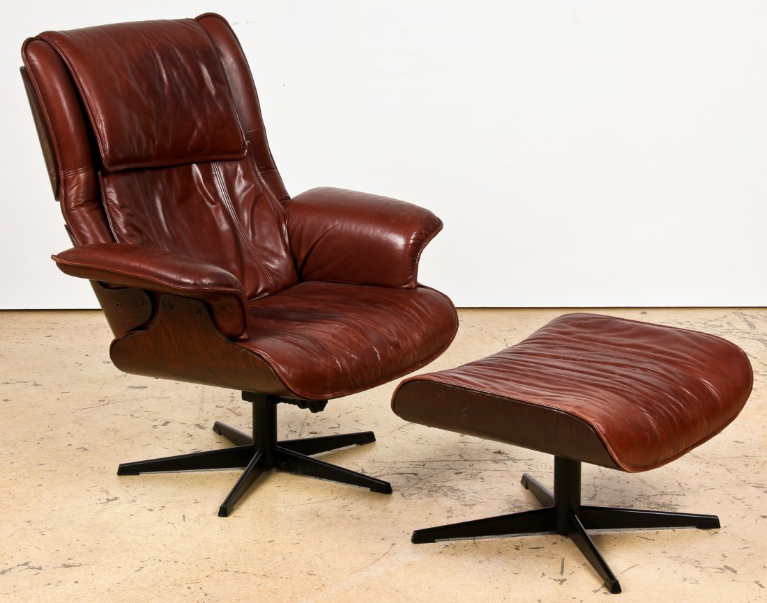 Eames Style Molded Plywood Lounger and Footrest: Eames Style Molded Plywood Lounger and Footrest. Possibly Plycraft. Size: 39" x 35.5" x 28", 99 x 90 x 71 cm (chair); 15.5" x 26.25" x 21", 39 x 67 x 53 cm (ottoman). From the collection of a Philadel
