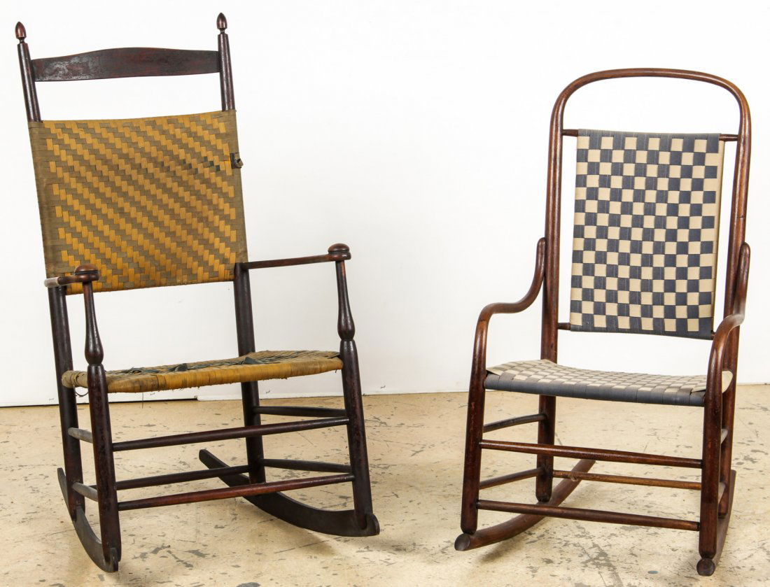 2 Antique Shaker and Bentwood Rockers: 2 Antique Shaker and Bentwood Rockers. Largest Size: 44" x 24" x 29" (112 x 61 x 74 cm). Montgomery County PA, estate.