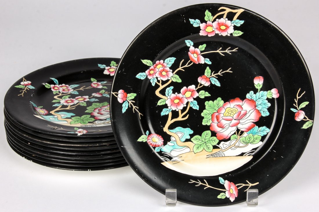 Antique Mason's Ironstone Black Chinese Plates: 10 Antique Mason's Ironstone Black Chinese Plates. Provenance: Kristina Barbara Johnson Estate, Princeton, New Jersey. Size: 10"D (25 cm).