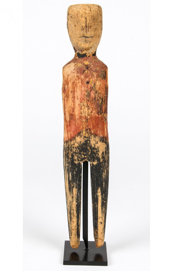 Antique American Whirligig Figure on Stand: Antique American Whirligig Figure on Stand, carved wood, paint. Size: 14" x 2.75" x 2", 36 x 7 x 5 cm (figure).