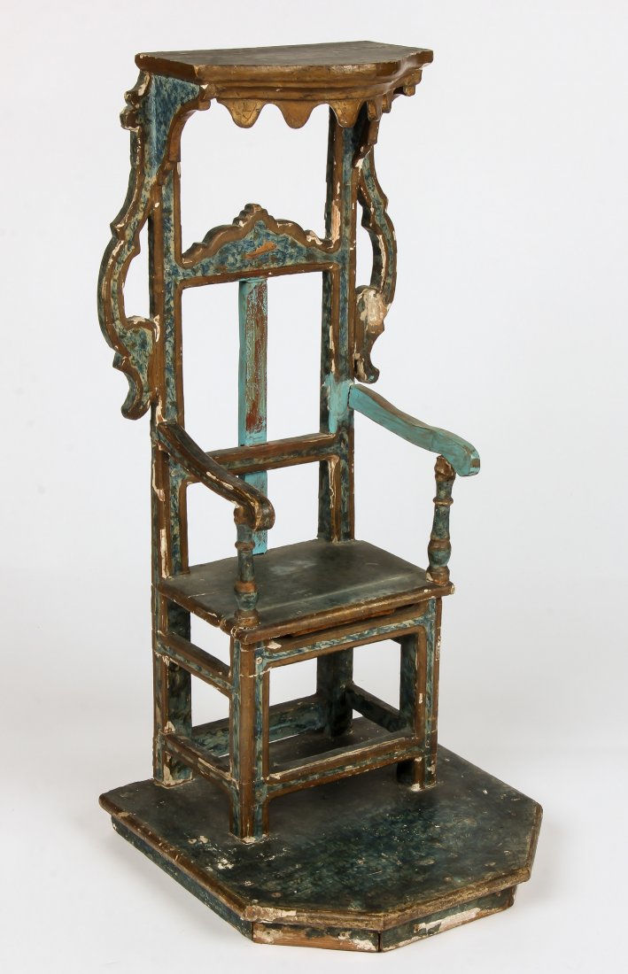Santo Nino de Atocha Throne Chair: Santo Nino de Atocha Throne Chair, wood, paint. Size: 26" x 12" x 13" (66 x 30 x 33 cm).