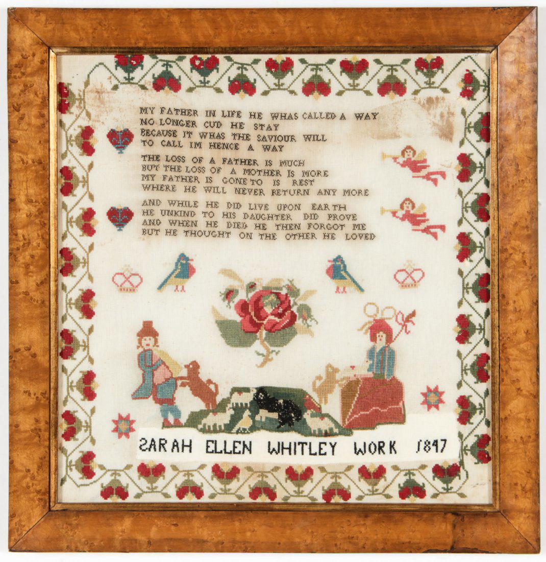 19th C Sampler, Signed Sarah Ellen Whitley: 19th C Sampler, Signed Sarah Ellen Whitley. Size: 22.25" x 21.75", 57 x 55 cm (sight) 27" x 26.5", 69 x 67 cm (frame).
