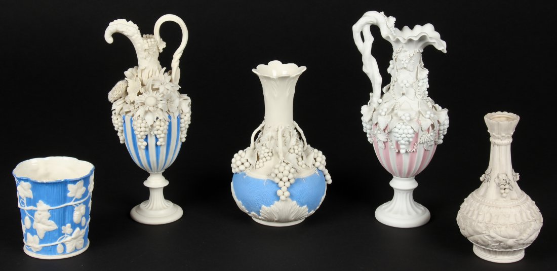 Suite of 5 Antique Parian Ware Vessels: Suite of 5 Antique Parian Ware Vessels. Largest size: 10" x 4.5" x 4.5" (25 x 11 x 11 cm).