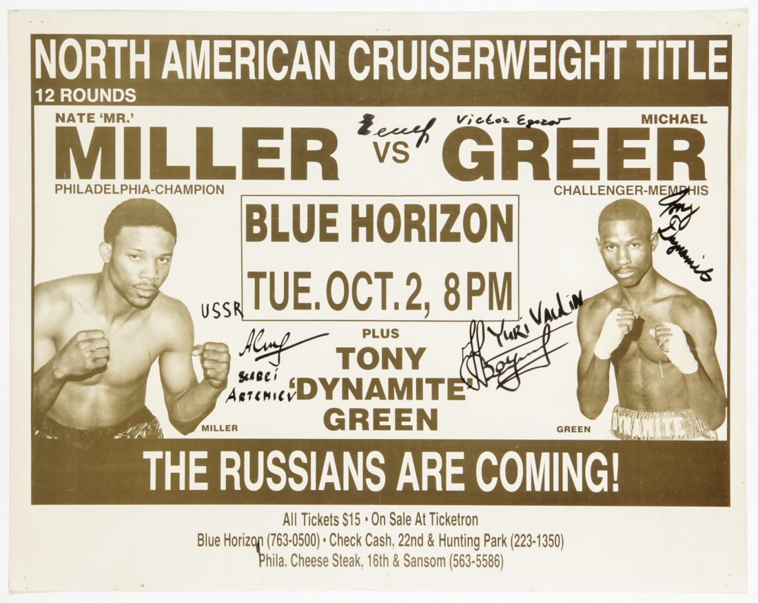 Vintage Russians Signed 1990 Blue Horizon Boxing Poster: Vintage Russians Signed 1990 Blue Horizon Boxing Poster. Announcing the Cruiserweight Championship title bout between Nate Miller and Michael Greer. Curiously signed by several Russian boxers such as 