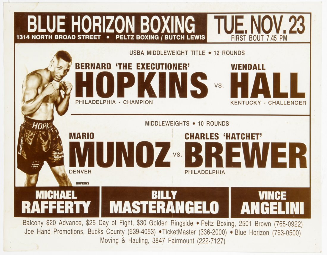 Vintage 1993 Blue Horizon Boxing Poster: Vintage 1993 Blue Horizon Boxing Poster. Announcing the USBA Middleweight Title fight between Bernard "The Executioner" Hopkins and Wendell Hall. Size: 22" x 28", 56 x 71 cm (sheet). The Ring magazine