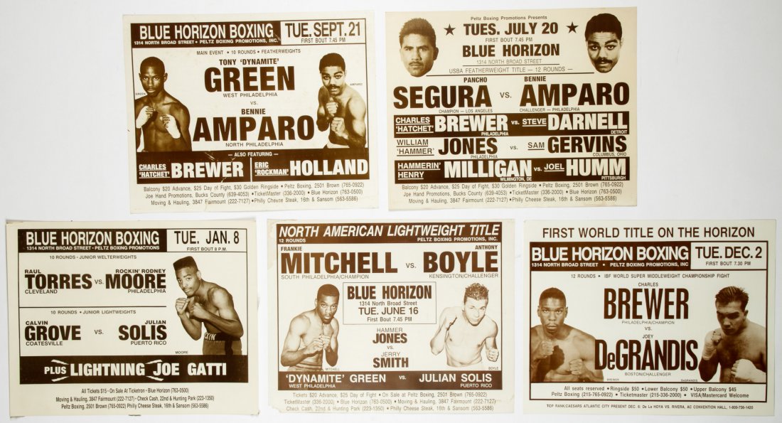 Vintage Blue Horizon Boxing Posters: Vintage Blue Horizon Boxing Posters. 5 pieces. Including Lightweight Title Fight between Frankie Mitchell and Anthony Boyle. Size: Each Size: 22" x 28", 56 x 71 cm (sheet). The Ring magazine voted the