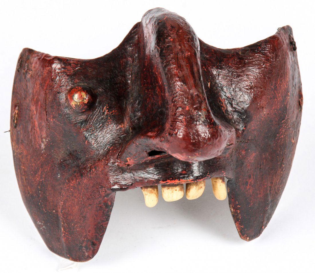 Antique Copper Mexican Festival Mask: Antique Copper Mexican Festival Mask. Probably for the dance of The Moors and Christians. Painted copper with shaped bone teeth. Size: 4.5" x 5.25" x 4.5" (11 x 13 x 11 cm).