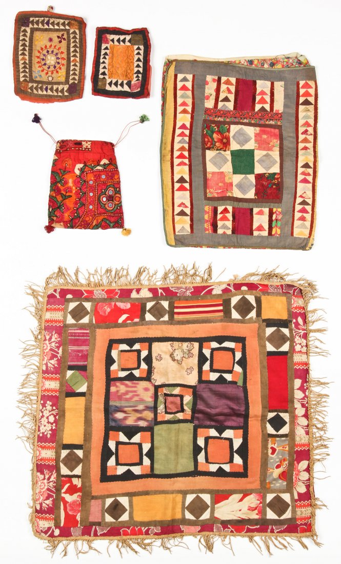 5 Central Asian and Indian Textiles: 5 Central Asian and Indian Textiles, early/mid 20th c, Afghan and Kutch patchworks and bags. Size: Largest: 27" x 27", 69 x 69 cm.